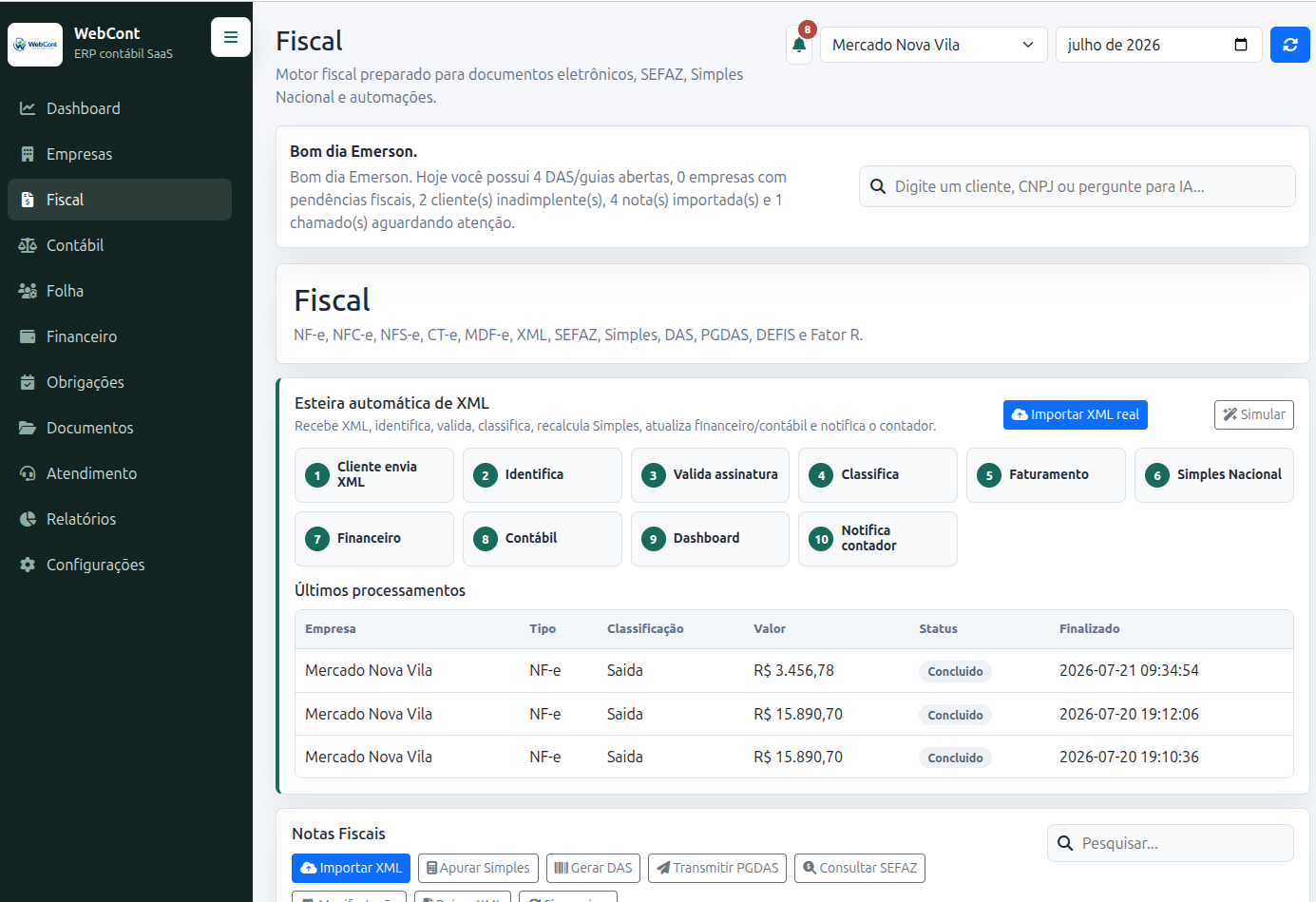 Tela operacional do WebCont